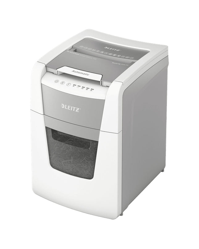 Leitz IQ 100 Autofeed paper shredder microsnippers for office use, showing compact design and cutting mechanism.