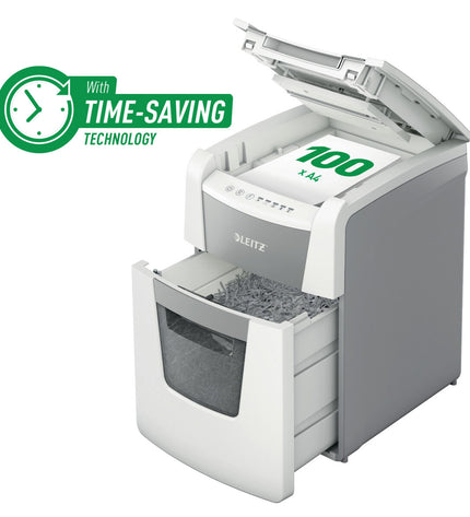 Leitz IQ 100 Autofeed paper shredder microsnippers for office use, compact office electronics and paper cutting device.