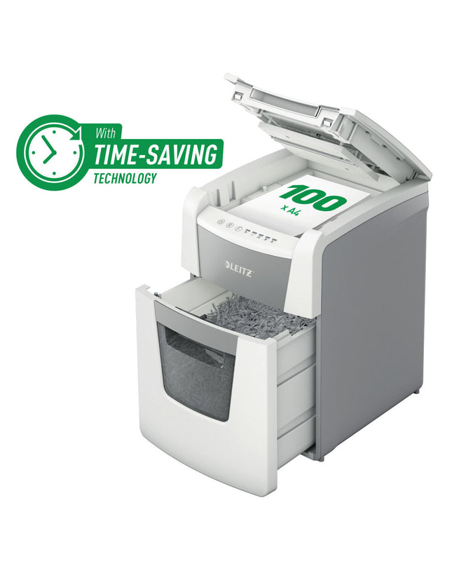 Leitz IQ 100 Autofeed paper shredder microsnippers for office use, compact office electronics and paper cutting device.