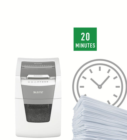 Leitz IQ 100 Autofeed paper shredder microsnippers for office use, with compact design and electronic operation.