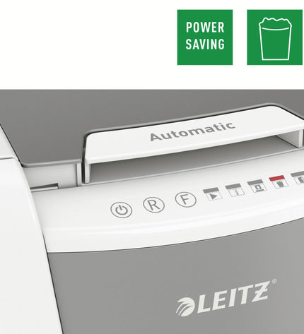 Leitz IQ 100 Microsnippers paper shredder for office use, featuring autofeed function and compact design for secure document disposal.