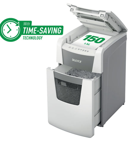 Leitz IQ 150 Autofeed paper shredder for office use, showing the sleek design and paper input tray in a professional workspace.