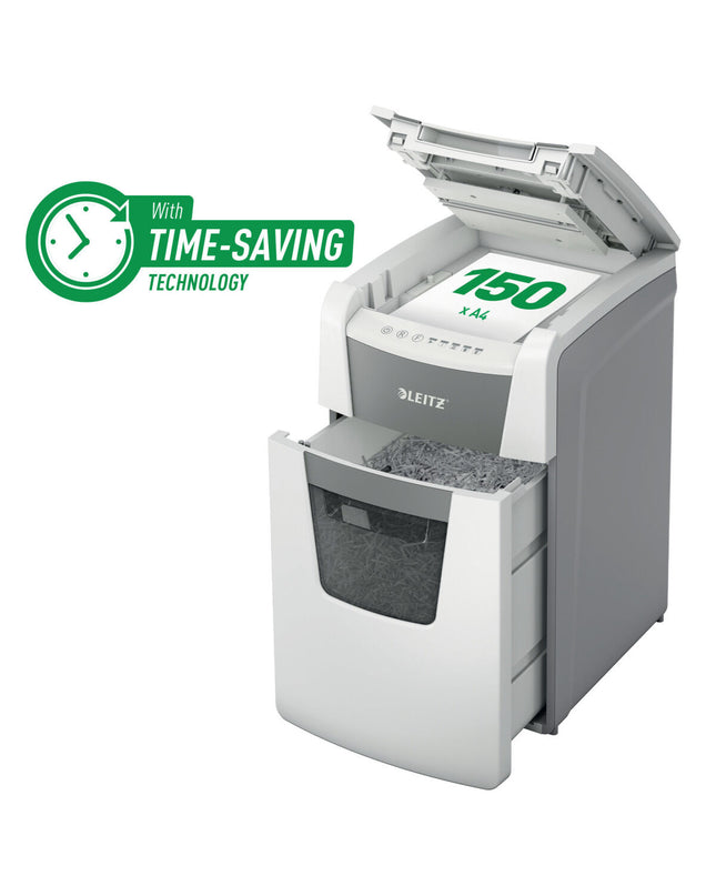 Leitz IQ 150 Autofeed paper shredder for office use, showing the sleek design and paper input tray in a professional workspace.