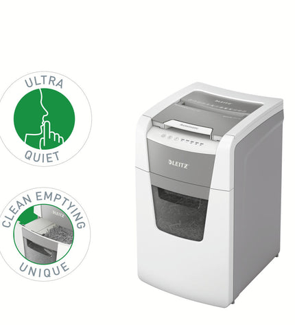 Leitz IQ 150 Autofeed paper shredder for office use, showing the shredder’s top with paper feed and control panel.