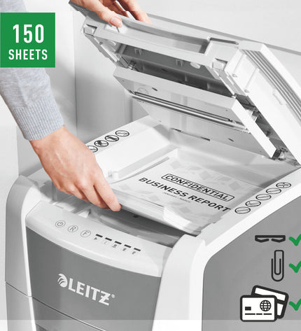 Leitz IQ 150 Autofeed paper shredder for office use, showing the sleek design and paper input slot.
