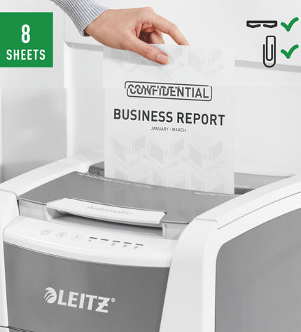 Leitz IQ 150 Autofeed paper shredder for office use, showing the paper entry and control panel with brand logo.