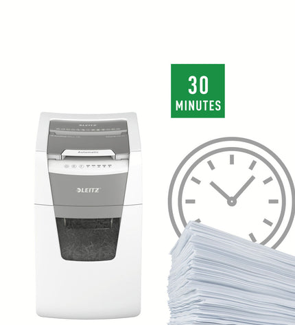 Leitz IQ 150 Autofeed paper shredder for office use, showing the shredder's compact design and paper input slot.
