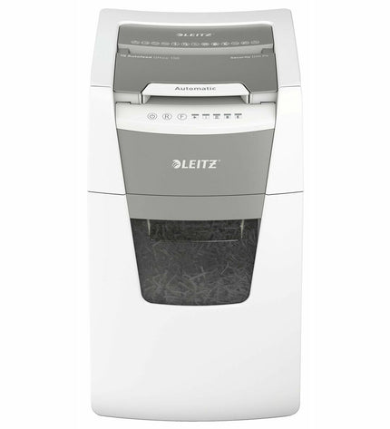 Leitz IQ 150 Autofeed paper shredder for office use, showing the compact electronic shredder with paper input tray and control panel.