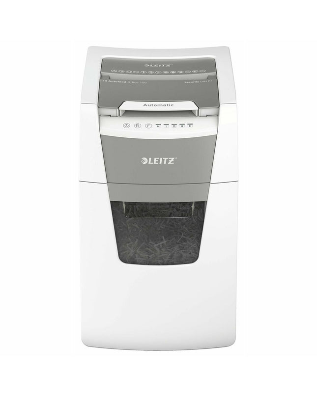 Leitz IQ 150 Autofeed paper shredder for office use, showing the compact electronic shredder with paper input tray and control panel.