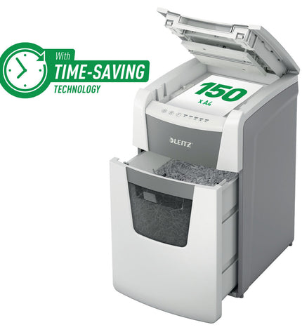 Leitz IQ Microsnippers paper shredder in white with autofeed feature, ideal for office use.