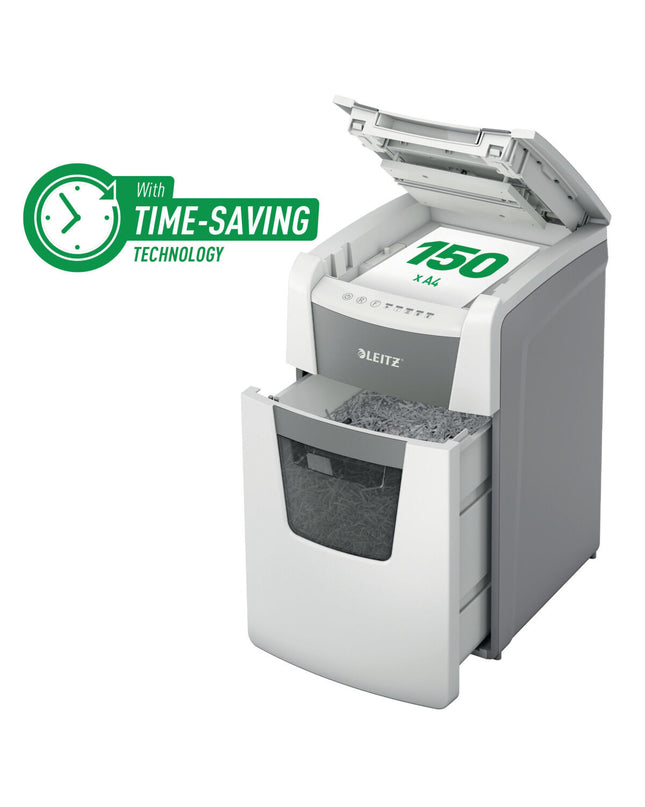 Leitz IQ Microsnippers paper shredder in white with autofeed feature, ideal for office use.