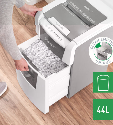 Leitz IQ 150 Autofeed Microsnippers paper shredder for office use, compact design with automatic feed feature.