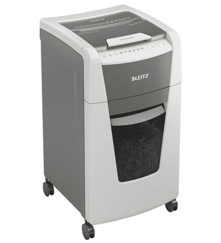 Leitz IQ 300 Autofeed paper shredder with 60L capacity, office electronic, white and black, showing paper being shredded.