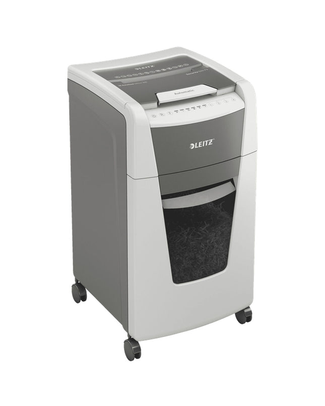 Leitz IQ 300 Autofeed paper shredder with 60L capacity, office electronic, white and black, showing paper being shredded.