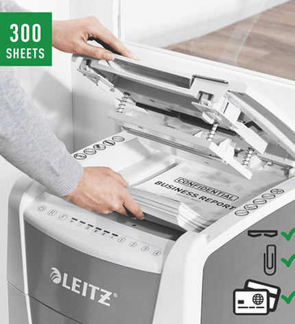 Leitz IQ 300 Autofeed paper shredder in black with 60-liter bin, office electronics for secure document disposal