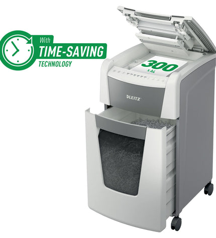 Leitz IQ 300 Autofeed paper shredder for office use, with 60-liter waste bin and electronic control panel.