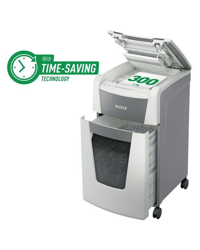 Leitz IQ 300 Autofeed paper shredder for office use, with 60-liter waste bin and electronic control panel.
