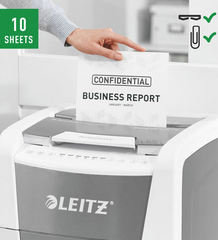 Leitz IQ 300 Autofeed paper shredder for office use with 60-liter bin, electronic office equipment for document security.