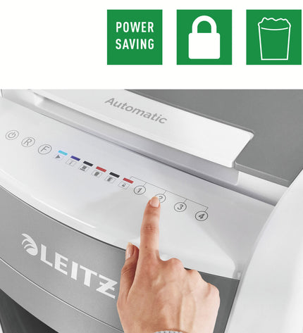 Leitz IQ 300 Autofeed paper shredder with 60L bin, designed for office use, in white and black with control buttons.
