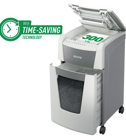 Leitz IQ 300 Autofeed P5 paper shredder with 60-liter capacity, office electronics and stationery, microsnippers model.