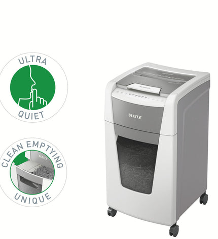 Leitz IQ 300 Autofeed P5 paper shredder for office use, with 60-liter bin and microsnippers for secure document destruction