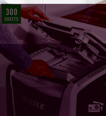 Leitz IQ 300 Autofeed P5 paper shredder with 60-liter bin for office use, designed for secure document disposal.
