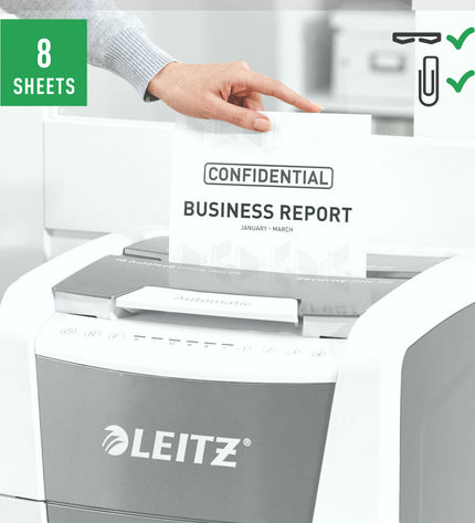 Leitz IQ 300 Autofeed P5 paper shredder with 60-liter bin, office electronics and stationery for secure document disposal.