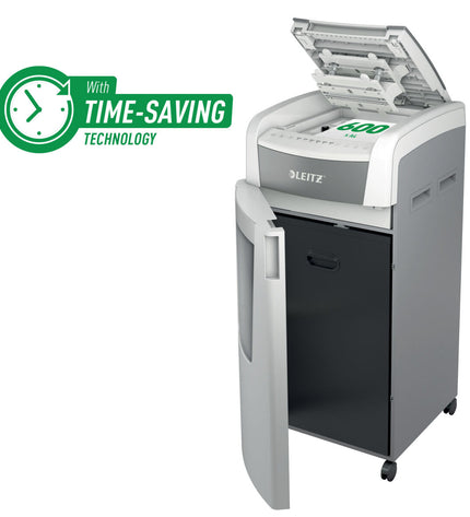 Leitz IQ 600 Pro Autofeed paper shredder for office use, 60-liter capacity, black and gray, with auto feed feature