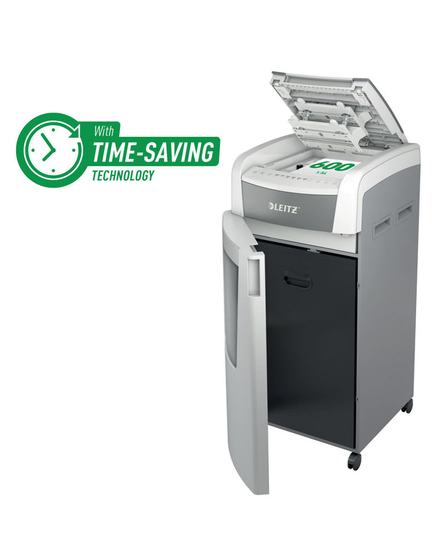 Leitz IQ 600 Pro Autofeed paper shredder for office use, 60-liter capacity, black and gray, with auto feed feature