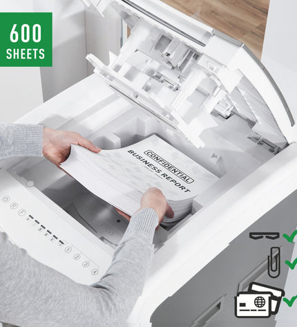 Leitz IQ 600 Pro Autofeed P4 paper shredder with 60-liter capacity, office electronics and stationery for secure document disposal