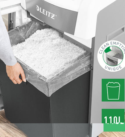 Leitz IQ 600 Pro Autofeed paper shredder with 60-liter capacity for office use, in black and silver color.