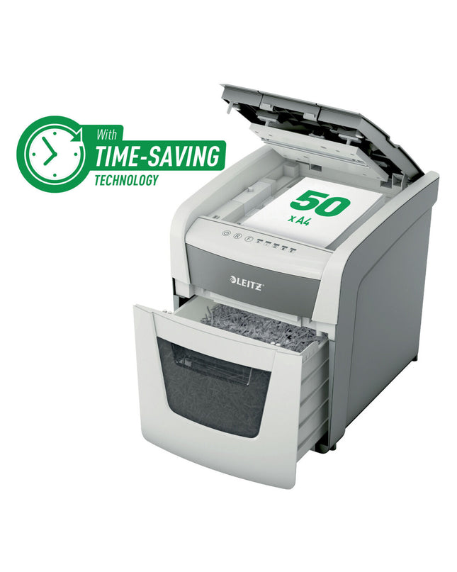 Leitz IQ Autofeed 50X P4 paper shredder with 20-liter bin, office electronics and stationery for secure document disposal