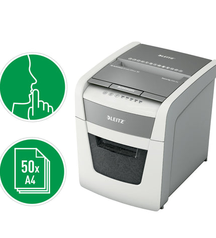 Leitz IQ Autofeed 50X P4 paper shredder with 20L bin, office electronics and office supplies, in a modern design.