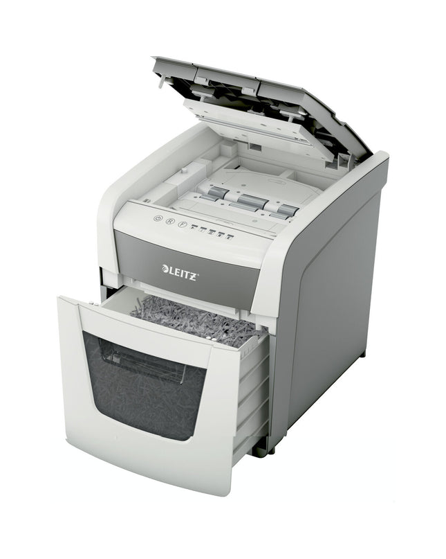Leitz IQ Autofeed 50X P4 paper shredder with 20-liter bin, office electronics and stationery, white and black design