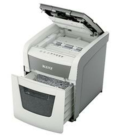 Leitz IQ Autofeed 50X P4 paper shredder for office use, with 20-liter waste bin and electronic controls.