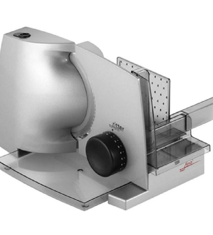 Ritter ECO COMPACT slicing machine with stainless steel blades and compact design for home kitchen use.