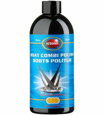 Autosol Marine liquid polish for boats, 500 ml, watersport cleaning and polishing product in a clear bottle with a blue cap.