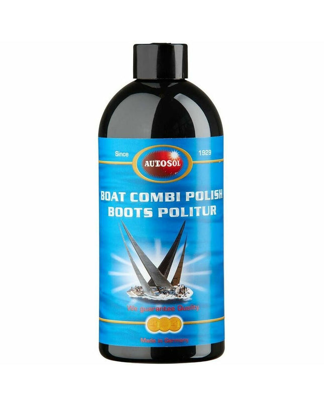 Autosol Marine liquid polish for boats, 500 ml, watersport cleaning and polishing product in a clear bottle with a blue cap.