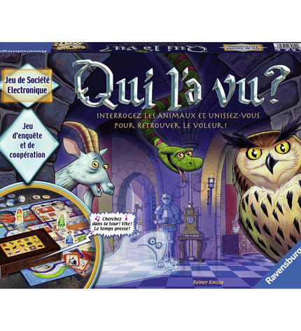 Ravensburger Who Saw It? game box showing colorful illustrations and game components for kids' guessing and observation fun.