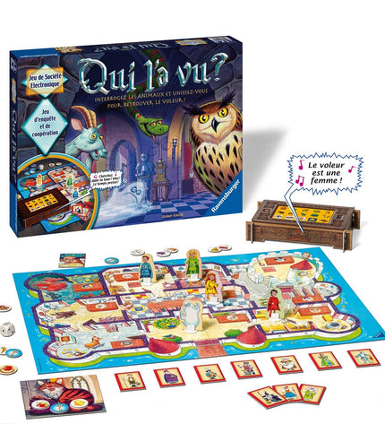 Ravensburger Who Saw It? board game with colorful game pieces and cards for family fun and interactive gameplay.