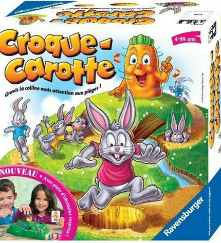 Ravensburger Croque-Carrotte board game with colorful carrot-themed game pieces and game board for family fun and entertainment.