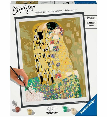Ravensburger CREART The Kiss board game with colorful artwork, featuring game pieces and packaging on a white background.