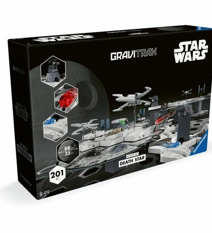 Ravensburger Gravitrax Star Wars set with space-themed marble track and Star Wars-themed game pieces on a colorful play surface.