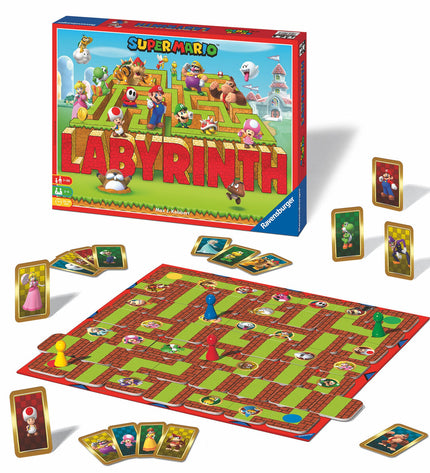 Ravensburger Super Mario Labyrinth board game with colorful game pieces and maze tiles, perfect for family entertainment.