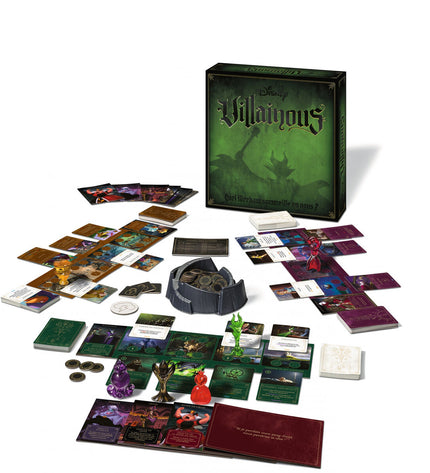 Ravensburger Villainous board game for families, featuring colorful game pieces and character cards on a game table.