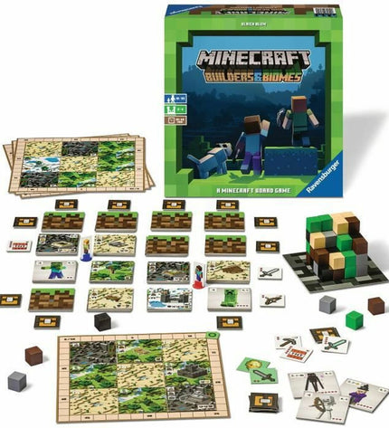 Ravensburger Minecraft The Game board game for kids, featuring colorful game pieces and Minecraft-themed artwork.