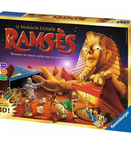 Ravensburger Ramsès board game with colorful Egyptian-themed artwork and game pieces for family fun and strategic play.