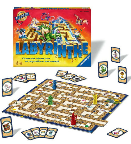 Ravensburger Labyrinth board game for kids showing colorful game board with maze paths and game pieces.