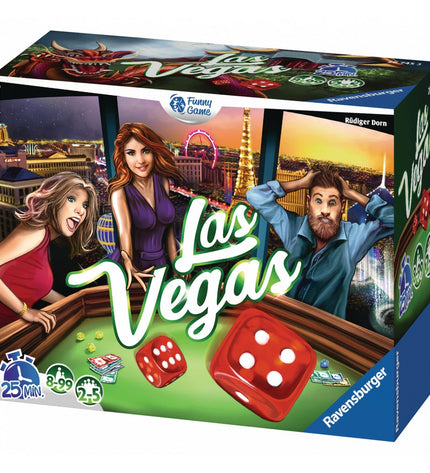 Ravensburger Las Vegas board game in French, featuring colorful playing cards, chips, and game components on a table.