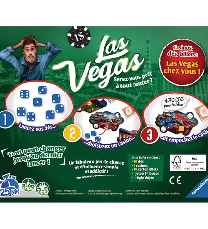 Ravensburger Las Vegas board game in French, featuring colorful playing cards and game pieces on the box top.